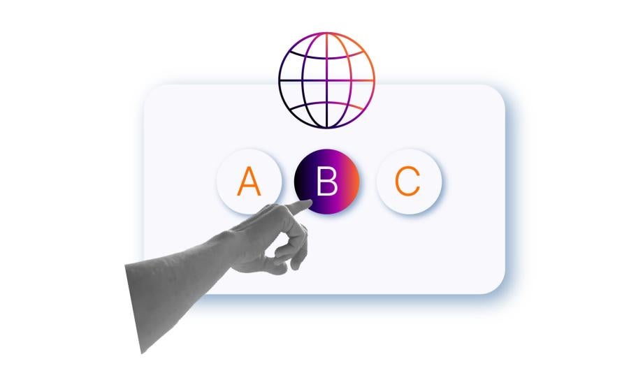 A collage featuring a hand pointing to ABC on a digital screen with a globe icon above it. 