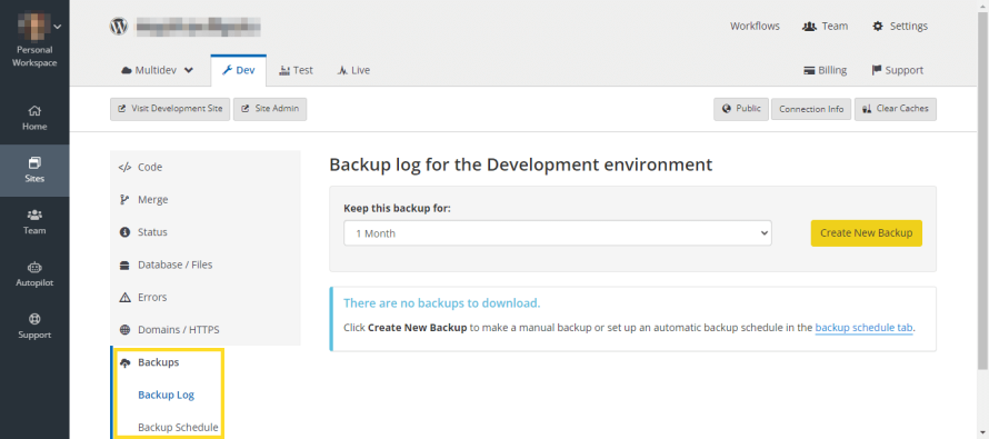 A screenshot of Pantheon's backup dashboard. 